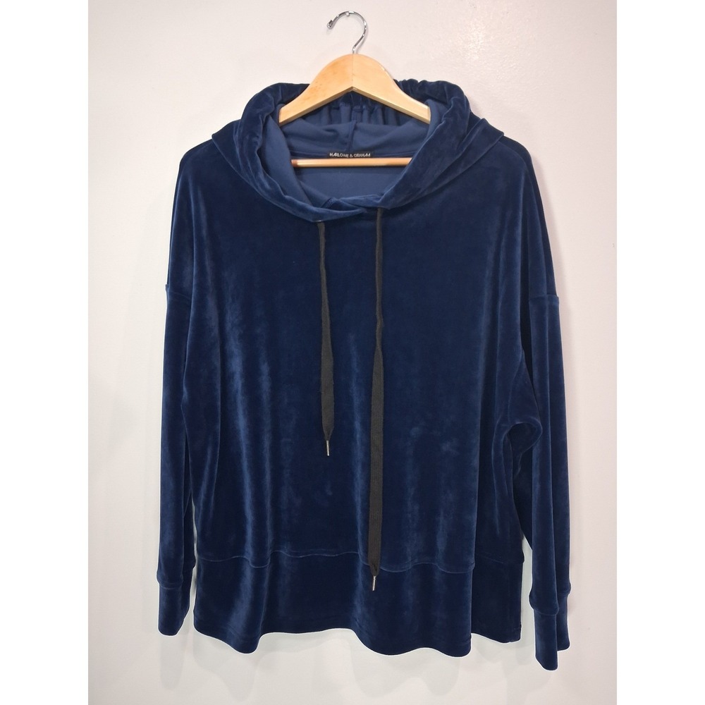 Harlowe & Graham Navy Blue Velour Pullover Hoodie Womens Relaxed Fit L